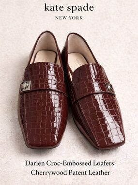 Kate Spade Darien Croc Embossed Loafers Cherrywood Patent Leather Square Toe 8.5